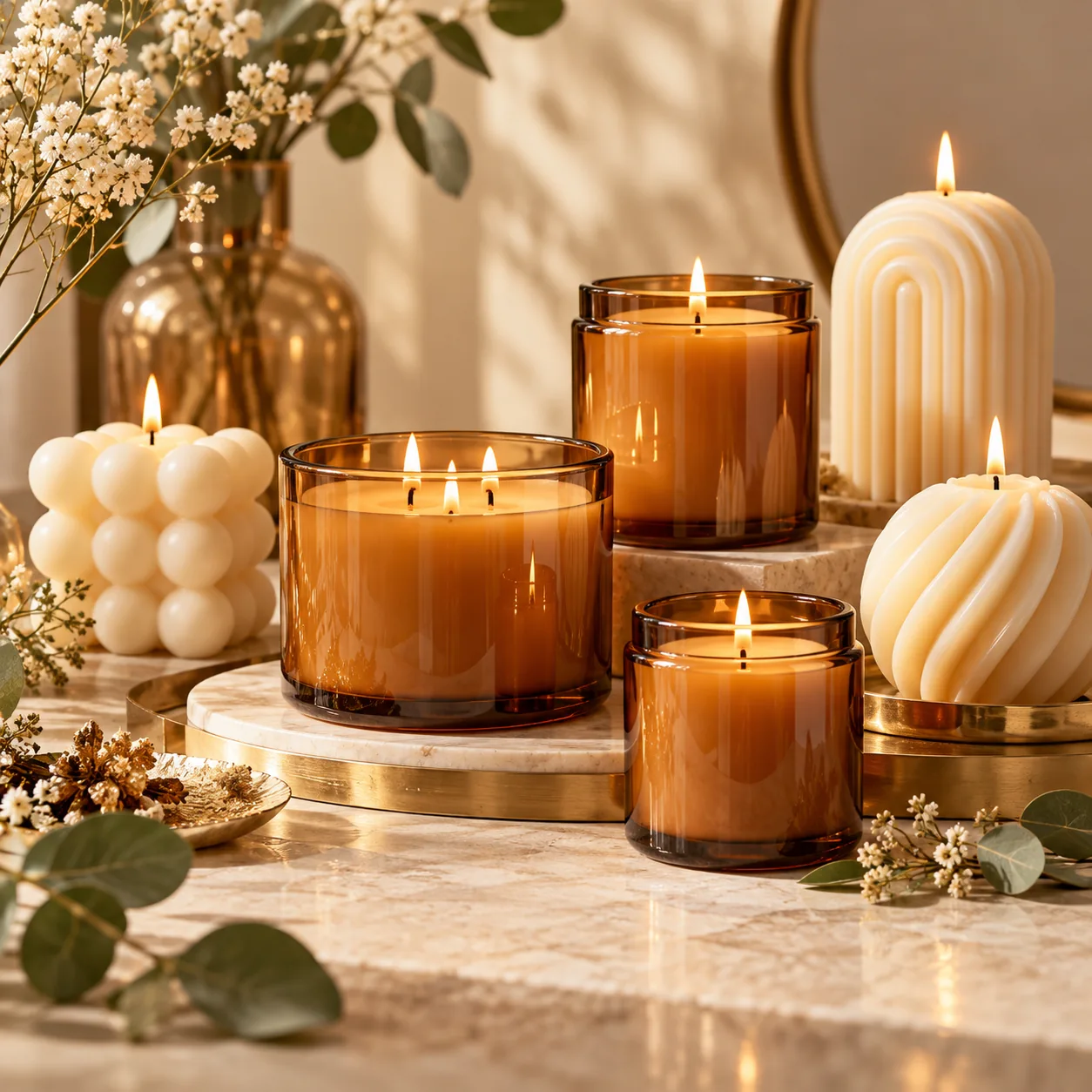 Velas aromáticas y decorativas en recipientes color ámbar
